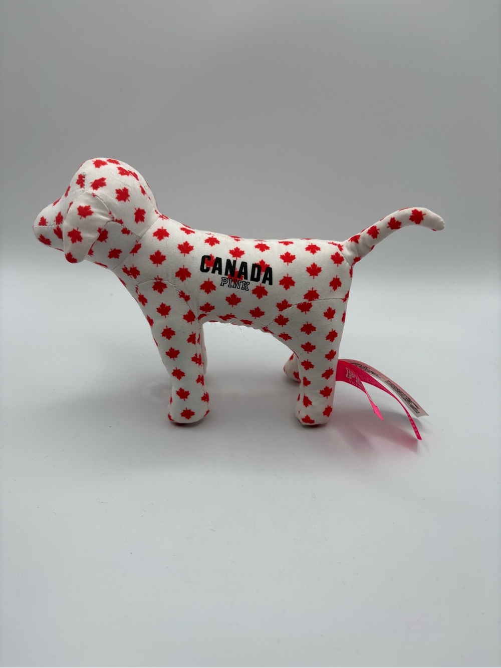 Victoria Secret Pink Canada White Maple Leaf Pattern Dog Plush Stuffed Animal 6”